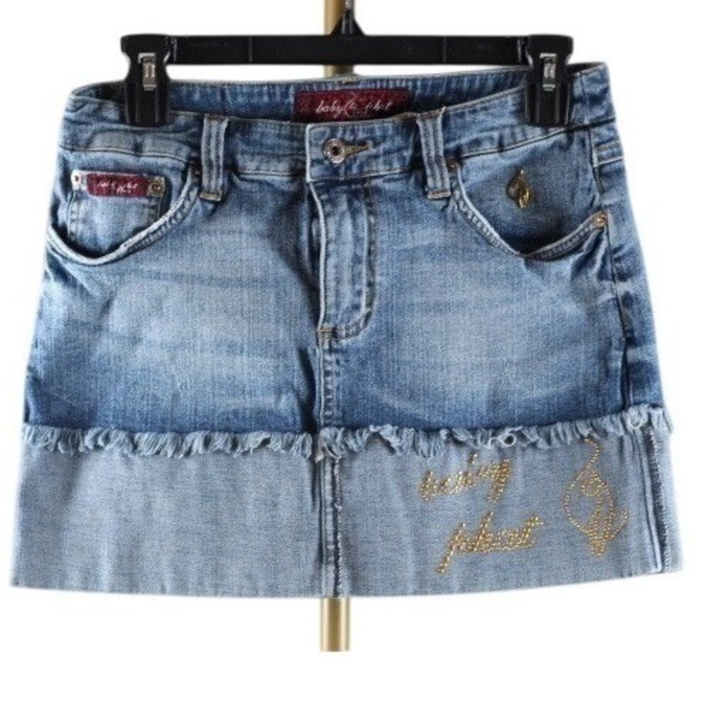 Baby Phat Blue Denim Mini Skirt Studded Logo Y2K Frayed Hem Size 3 A100236W